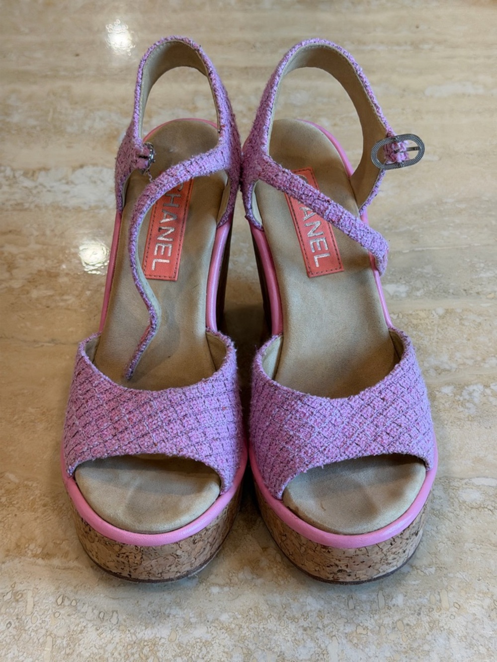 Chanel tweed cork wedges